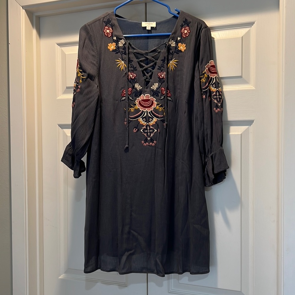 Boho grey dress with floral embroidery size small